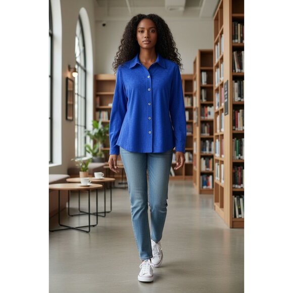 NEW Studio Works Button Up Blazer Jacket Womens 10 Blue Pockets Lined Collared - Picture 1 of 9